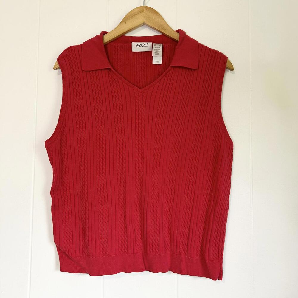 Liz Claiborne Lizgolf Red Sleeveless Collared Cable Knit Sweater Vest Women's XL
